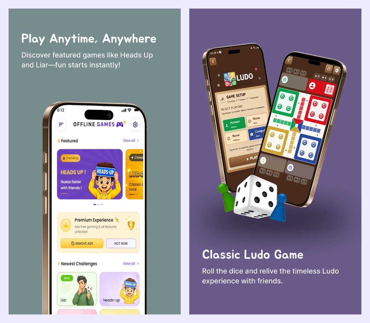 Offline Games app shown on two phones