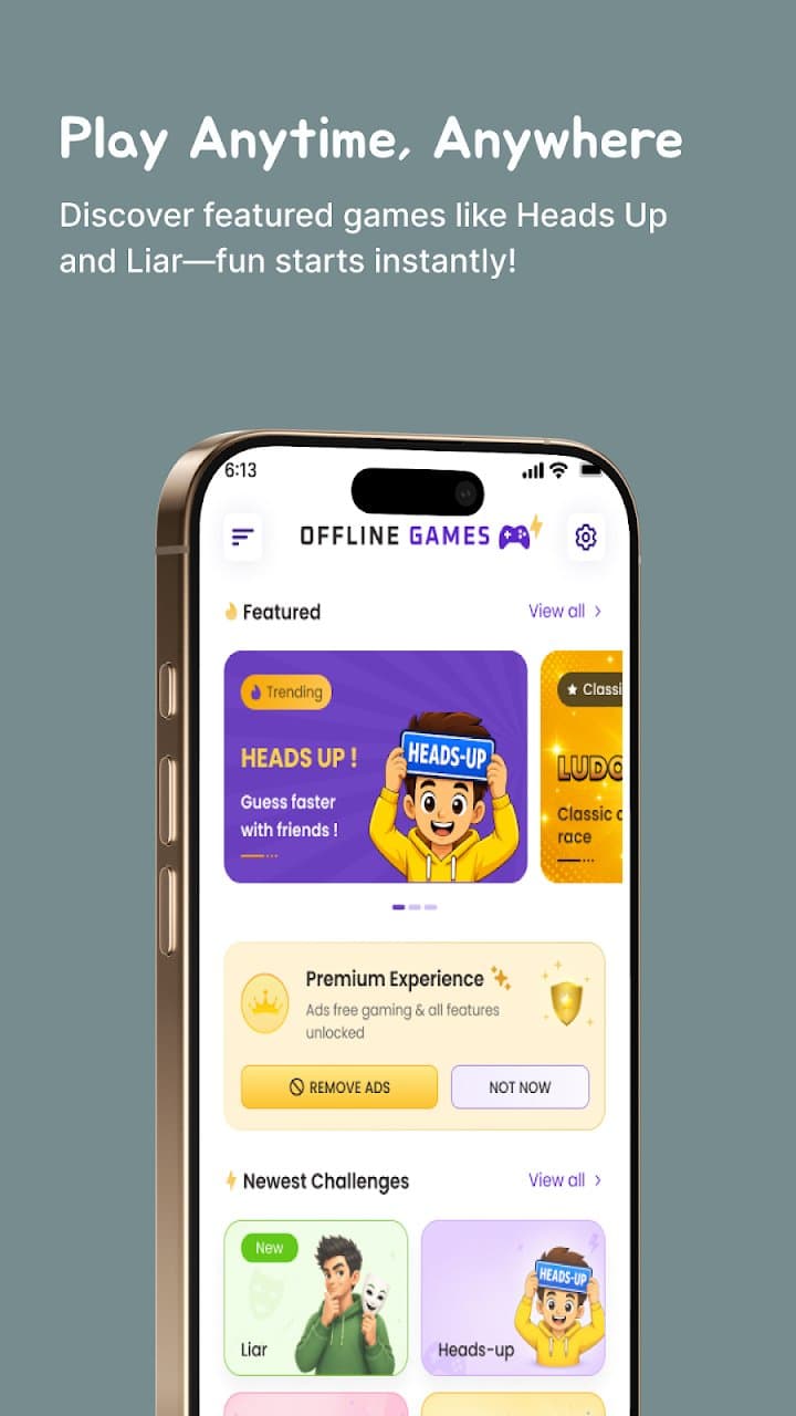 Offline Games home screen showing featured games