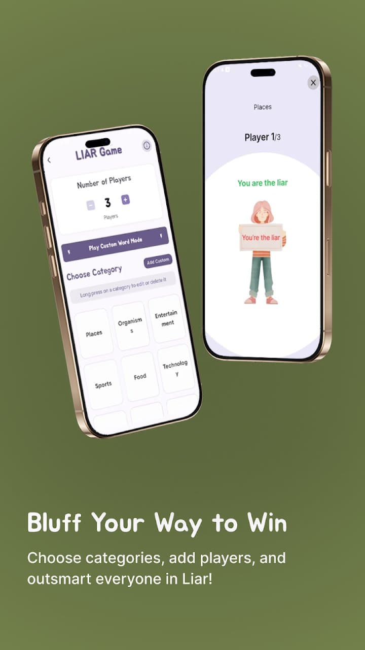 Liar Game setup screen with player count and categories