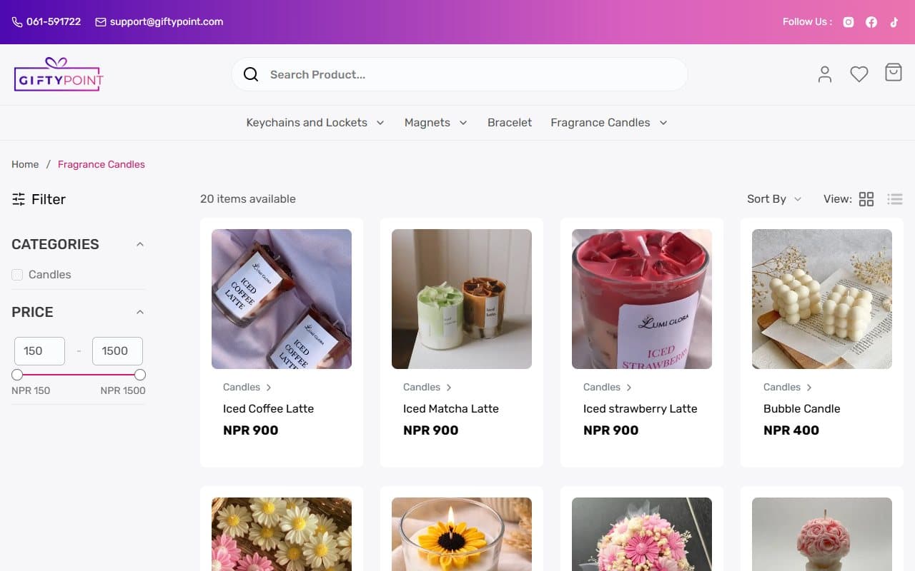 Fragrance candles category page on Giftypoint