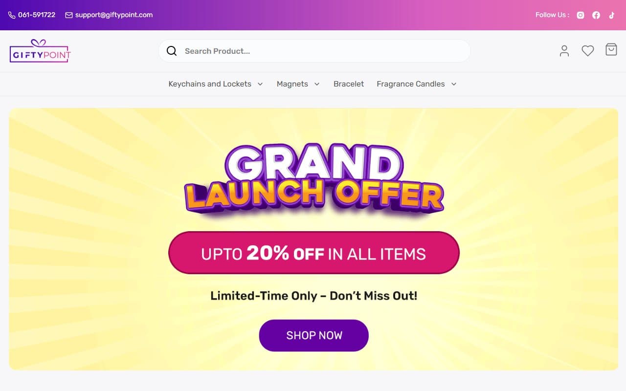 Giftypoint homepage with a launch offer banner and product categories