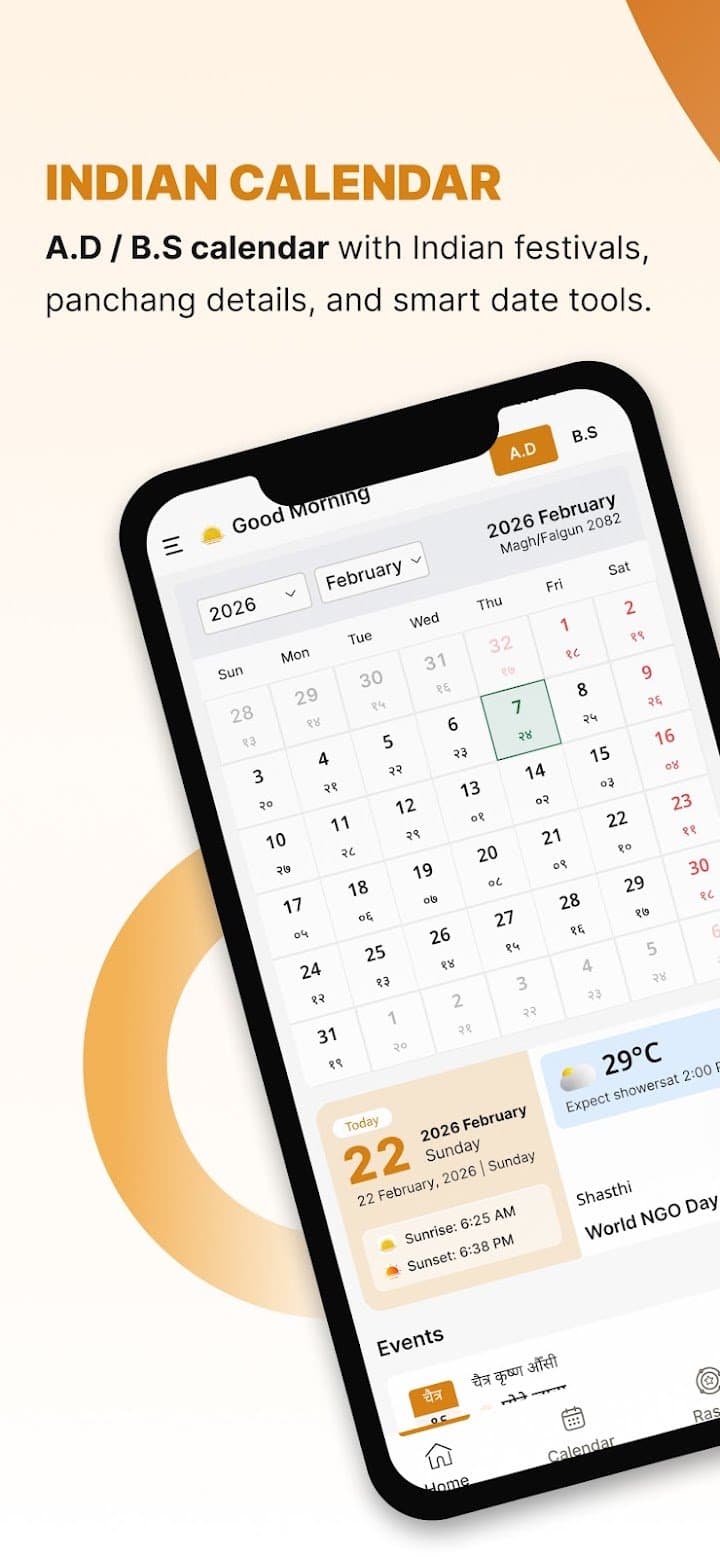 Indian Calendar month view with festivals and panchang details