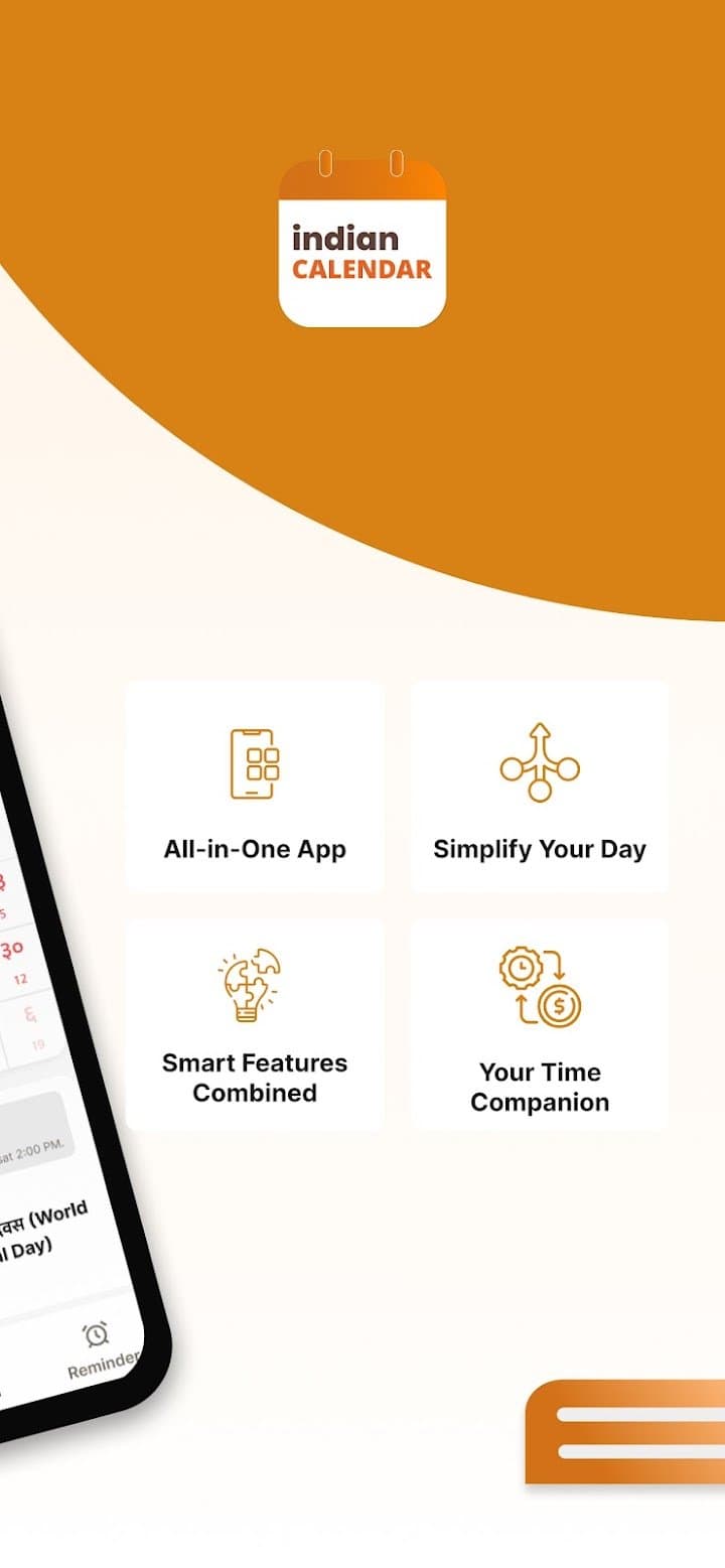 Feature overview screen of the Indian Calendar app