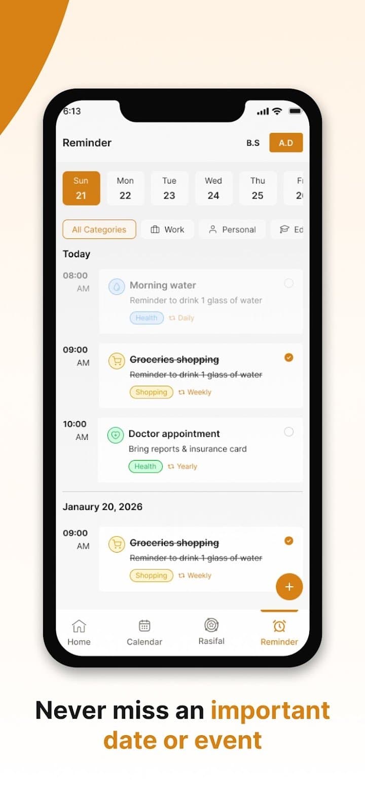 Reminders screen with events across a week