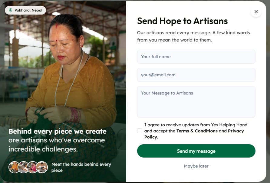 Send Hope to Artisans message form on the Yes Helping Hand site
