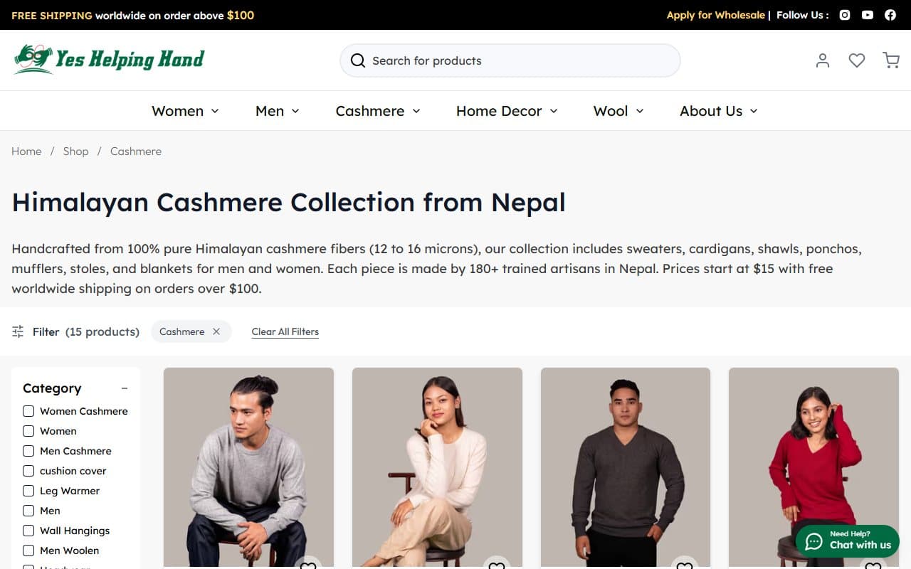 Cashmere category page on the Yes Helping Hand store