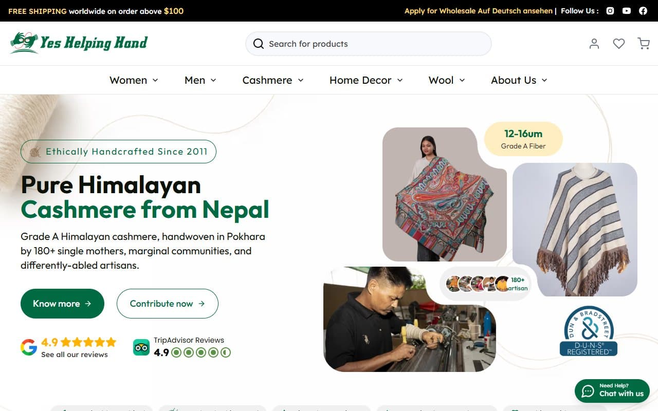 Yes Helping Hand homepage showing Himalayan cashmere and artisan photos