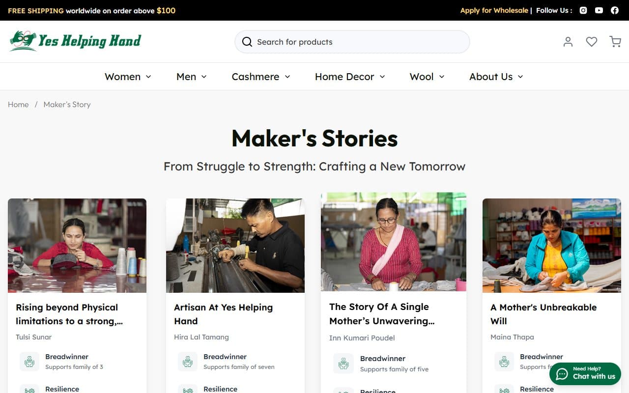 Maker's Stories page on the Yes Helping Hand site showing artisan profiles
