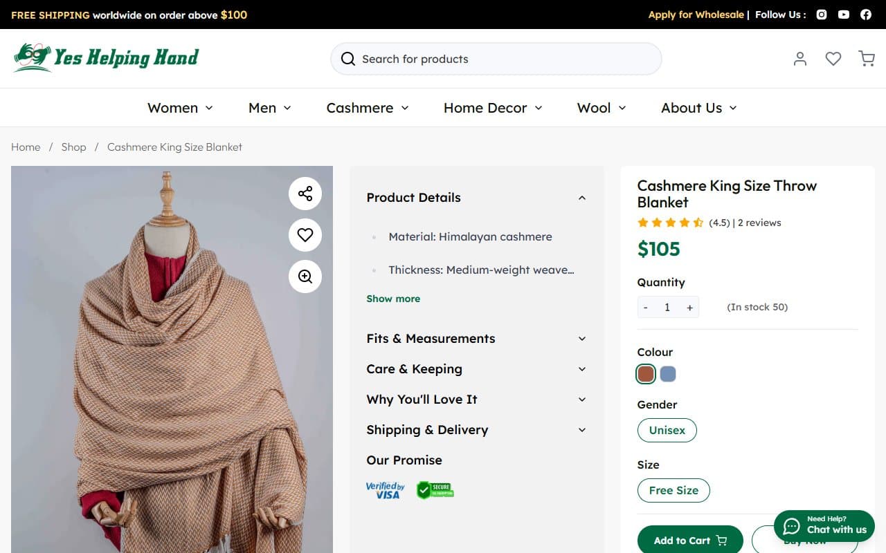 Cashmere blanket product page showing details, price and reviews