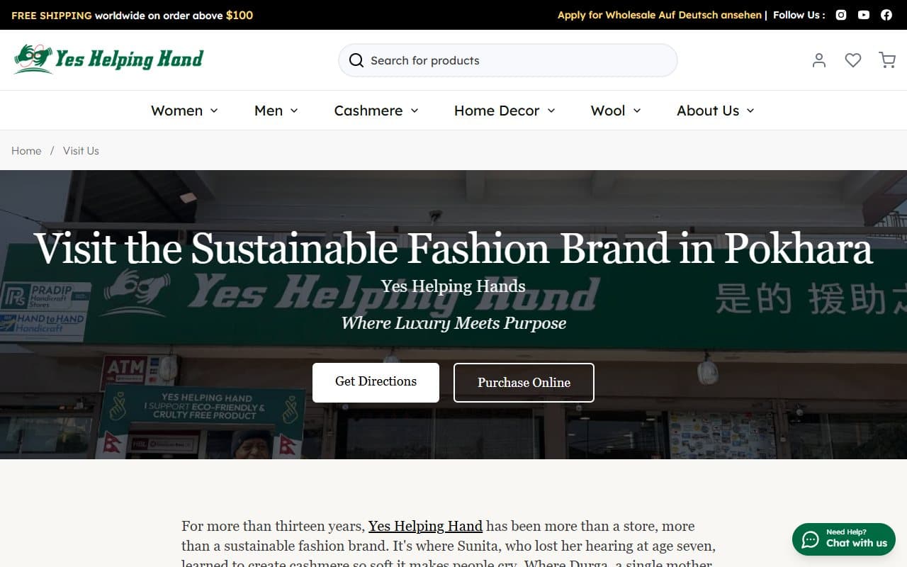 Visit page showing the Yes Helping Hand shop in Pokhara